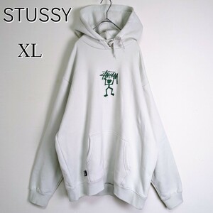 【超希少】STUSSY☆センター刺繍ロゴ付パーカー　XL　淡緑 白系　シャドーマン 即完売 人気デザイン プルオーバー フーディー ステューシー