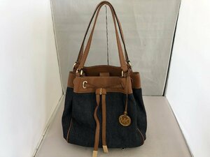 【MICHAEL KORS】マイケルコース　巾着トートバッグ　ネイビー×ブラウン　デニムキャンバス×レザー　SY02-FDR