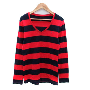 トミーヒルフィガー TOMMY HILFIGER Tシャツ カットソー Vネック 長袖 ボーダー柄 ロゴ刺繍 M 赤 レッド 紺 ネイビー /HO29 レディース