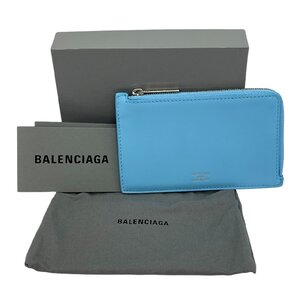 USED 美品 BALENCIAGA バレンシアガ フラグメントケース カードケース 736734 レザー ブルー 水色 ユニセックス 小銭入れ 箱 保存袋付