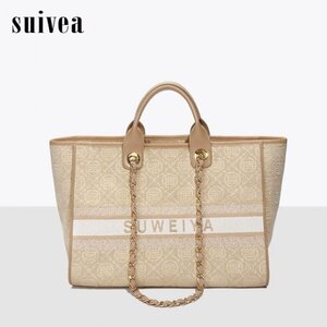 Z2023 SUWEIYA SUIVEA ジャガード織り トート バッグ ハンド ショルダー 2WAY BAG ベージュ ゴールド チェーン 韓国 ブランド