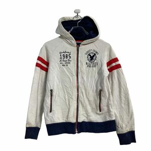 TOMMY HILFIGER ロゴ スウェット パーカー キッズ M ホワイト ネイビー トミーヒルフィガー ジップアップ 古着卸 アメリカ仕入 a606-5476