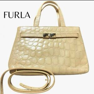 1円〜FURLA フルラ クロコ型押し 2way ショルダーバッグ ハンド レザー 本革 台形 肩掛け クロスボディ ゴールド金具 ブランドロゴ