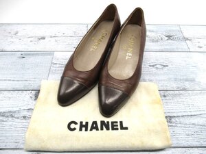 ★【B送900円】1179　CHANEL　シャネル　バイカラーパンプス　レザー　ブラウン系　ヒール　レディース　フランス製　35　1/2