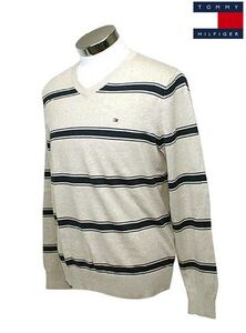 TOMMY　HILFIGER トミーヒルフィガー c887819369-248 ベージュ　ボーダー柄 メンズ　Vネックセーター Sサイズ