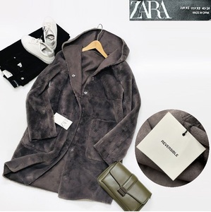 未使用品 /XS/ ZARA グレージュ リバーシブルフェイクファーコート レディース タグ カジュアル フードアウター 大人可愛い デイリー ザラ