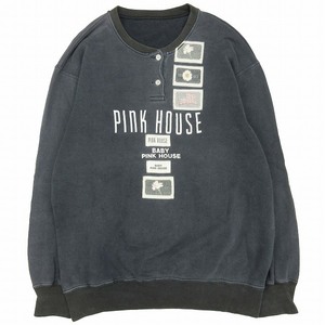 89AW ヴィンテージ ピンクハウス PINK HOUSE デコ パッチ スウェット トレーナー ロゴ プリント ヘンリーネック 裏毛 ジャージー生地 ◎ME1