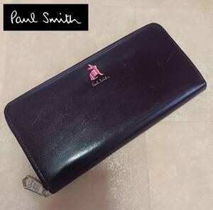 ポールスミス　Paul Smith 長財布　マーケトリーストライプ ラビット ラウンドファスナー■茶色■中古良品■管＃1201