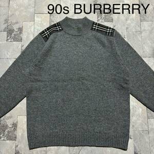 90s BURBERRY LONDON バーバリー ロンドン ニット セーター ラムウール ノバチェック イギリス企画 ヴィンテージ グレー サイズL 玉FS1514