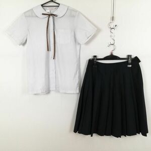 1円 ブラウス スカート 紐タイ 上下3点セット 150 夏物 女子 学生服 中学 高校 白 制服 中古 ランク:C NA5105