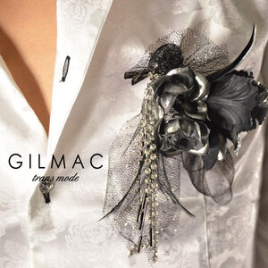 ◆k1705-1 GILMAC 薔薇 バラ ローズ フェザー 黒レースリボン コサージュ メンズ(シルバー銀ブラック黒) 2way 結婚式 パーティー ブローチ