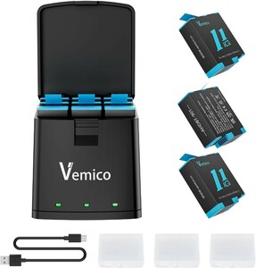 Vemico GoPro Hero 11バッテリー 急速充電器セット 3*1800mAh大容量電池 Hero 9/10/11/12ブラック用 3個セットゴープロ11予備