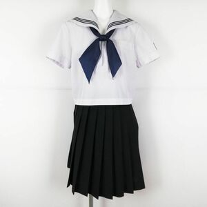 1円 セーラー服 スカート スカーフ 上下3点セット 大きいサイズ 夏物 黒3本線 女子 学生服 福岡嘉穂高校 白 制服 中古 ランクC NA9448