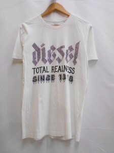 67 送60サ 0904$D14 DIESEL ディーゼル メンズ ロゴプリント半袖Tシャツ ラインストーン ホワイト サイズXS 中古品