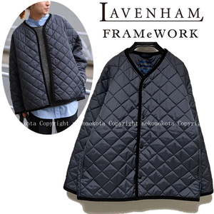 美品 ラベンハム フレームワーク 別注 collarles Jacket カラーレス キルティング ジャケット 38 ネイビー レディース LAVENHAM FRAMeWORK