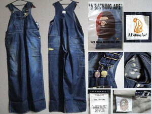 新品未使用 Bape A Bathing Ape Vintage Damaged Denim Overalls レア エイプ ヴィンテージ加工 デニム オーバーオール サロペット サイズL