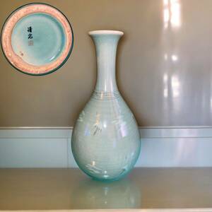 中国美術 高麗青磁花瓶 在銘 清光 鶴 花器 花入 花瓶 約32cm