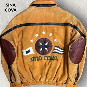 稀少 SINA COVA バックロゴ 刺繍ワッペン 羊革 コンビレザージャケット スタジャン スウェード エルボーパッチ オレンジ Mサイズ