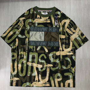 TOMMY HILFIGER USA正規品 【L】 TommyJeans トミージーンズ TJ 総柄 90s オーバーサイズ Tシャツ ミリタリーカラー Thyme (R4F-23)