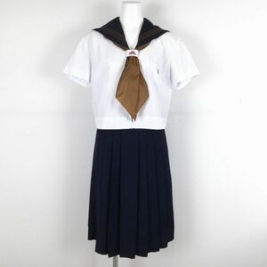 1円 セーラー服 スカート 上下3点セット 大きいサイズ 夏物 茶3本線 女子 学生服 関東学園大学附属高校 白 制服 中古 ランクB NA7322