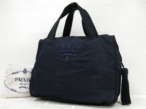 ◆美品◆PRADA プラダ◆ナイロン◆ハンド バッグ◆ネイビー ゴールド金具◆イタリア製◆ビーズ刺繍ロゴ◆タッセル◆腕掛け◆A8925