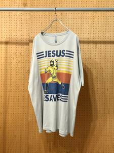 古着 半袖 プリント Tシャツ カットソー JESUS SAVES Jesus Christ キリスト ベースボール 野球 クルーネック 2XL 大きい サイズ ビッグ