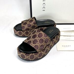 グッチ　GUCCI プラットフォーム スライド サンダル　ブラウン　23.5cm 36 GG柄　キャンバス　レザー