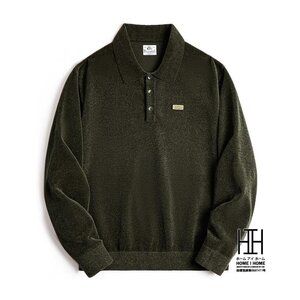 S ダークグリーン ポロシャツ メンズ 長袖 シェニール ニットポロ ニットソー CHENILLE POLO 光沢感 おしゃれ 大きいサイズ オーバーサイ