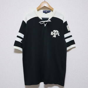 90s■POLO SPORT ポロ スポーツ■レーヨン レースアップ シャツ■メンズ M ブラック 黒 ラルフローレン■Tシャツ ラガー ビンテージ old 67