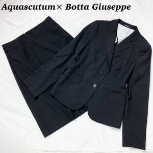 Aquascutum ボットジュゼッペ スーツ ドット シルク混 8 M 黒 ブラック アクアスキュータム スカート ジャケット セットアップ レディース