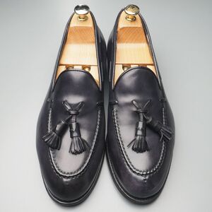 W3022//イタリア製*サントーニ/Santoni*メンズ6.5/スキンステッチUチップ/タッセルローファー/レザースリッポン/モカシンシューズ/革靴/紺