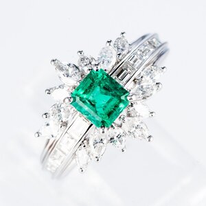 華やかなダイヤモンドが飾る コロンビア産エメラルドxダイヤモンド プラチナリング E: 0.79 ct D: 1.22ct Pt900 7.3g 13号