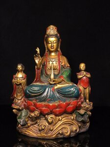 ◆古寳堂◆清 銅製 金鍍 彩繪 送子觀音像 仏教古美術 供養品 極細工 古置物 古擺件 中国古美術 時代物 古董品