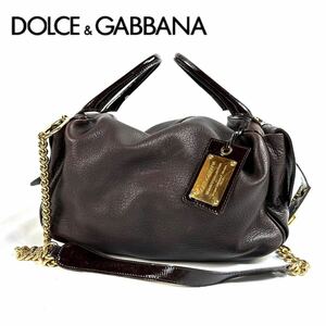 【美品】DOLCE & GABBANA ドルチェアンドガッバーナ レザー 2way ボストンバッグ ショルダーバッグ パテント ハンドル ブラウン イタリア製