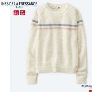 【美品】UNIQLO ユニクロ×イネス ライン クルーネックセーター ニット Sサイズ ホワイト リネン×コットン 春服 レディース トップス