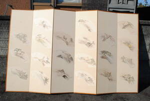 日本画　米崎仙史　真筆　扇面　七十七扇　六曲二双　屏風　木箱入り　