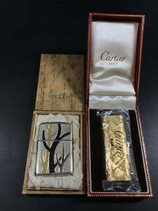 喫煙具　ライター　ガスライター　ZIPPO(ジッポ)ライター WILLOW Cartier PARIS ゴールド　【2点共 オイル無 着火未確認】2点まとめ 2-1