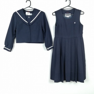 1円 セーラー服 ジャンパースカート 上下2点セット 指定 冬物 白1本線 女子 学生服 佐賀本庄小学校 紺 制服 中古 ランクC EY9900