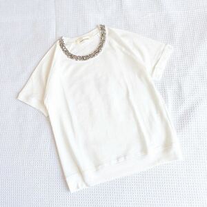 ジュエルチェンジズjewel changesユナイテッドアローズUNITED ARROWSビジュー半袖Tシャツ カットソートップス白ホワイトMサイズ スウェット