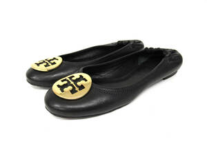 18006 美品 TORY BURCH トリーバーチ TTロゴ ゴールドメタルパーツ フラット パンプス バレエシューズ 靴 size 7M 黒 ブラック レディース