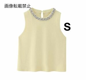 yellow vintage ヴィンテージ レトロ ビジュー ノースリーブ ニット トップス Sサイズ レディース★ZARA 好きな方に★2024 夏新作 新品★