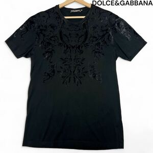 美麗品◎19SS XXLサイズ!!ドルチェ&ガッバーナ【圧巻のデザイン】DOLCE&GABBANA バロック ベロア プリント Tシャツ ブラック 革タグ メンズ