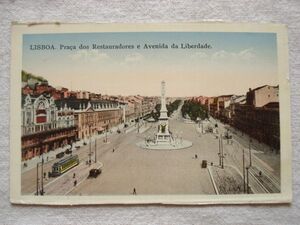 【絵葉書1枚】 Praca dos Restauradores e Avenida da Liberdade - LISBOA /ポルトガルヴィンテージ 都市街建築路面電車トラム ハガキ 10-6