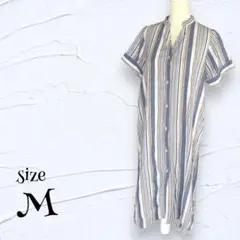 【レディース　ワンピース】『M』シャツワンピース　ストライプ　ボタンワンピース