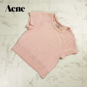 美品 Acne アクネ カットオフ襟デザイン 半袖カットソー トップス レディース ピンク サイズS*OC201