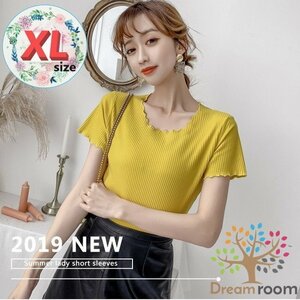 Solid color ラウンドフリル Tシャツ XLサイズ 美ライン 半袖 レディース オフィス カジュアル 無地 綺麗め K-088-2イエロー