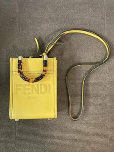 【中古品】FENDI サンシャイン ショッパー スモール イエロー レザー ミニ 2WAYバッグ べっ甲調ハンドル 裏地ペカン柄