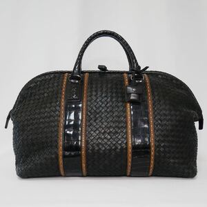 【極美品 大容量 リアルクロコ】 BOTTEGA VENETA ボッテガヴェネタ ボストンバッグ ハンド 旅行 鞄 カバン トラベル イントレチャート 黒