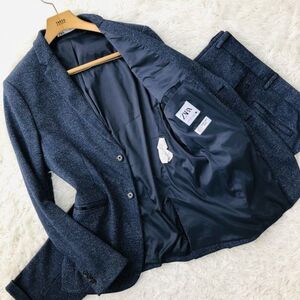 ザラ【ZARA】スーツ　セットアップ　テーラードジャケット　XXL　ネイビー　総裏　サイドベンツ　ストレッチ　ニット　メンズ　ポリ　綿 56