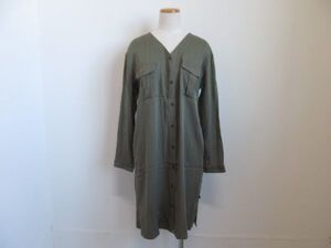 (53099)Dickies　ディッキーズ　レディース　ノーカラー　Vネック　シャツ　ワンピース　長袖　カーキ　F　USED